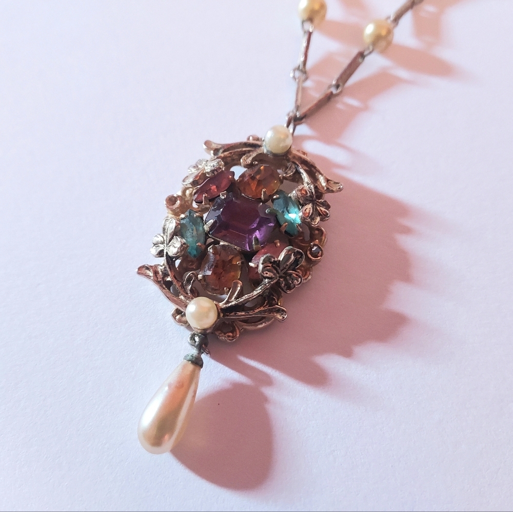 Art Deco Multicolor Gemstone Beaded Pendant Neckace